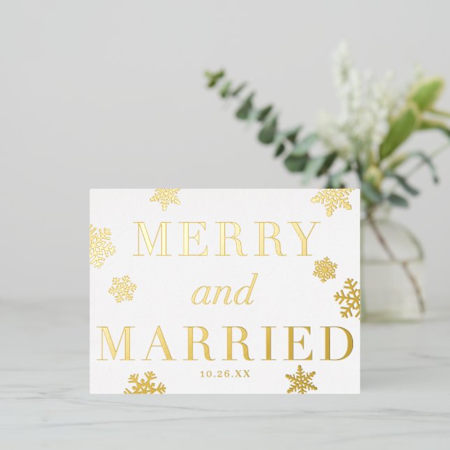 Merry & Married Snowflakes Holiday FOIL Postcard (Standing Front)