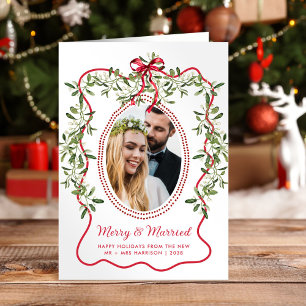 Merry Married Wavy Frame Newlyweds Christmas Photo Holiday Card