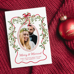 Merry Married Wavy Frame Newlyweds Christmas Photo Holiday Card
