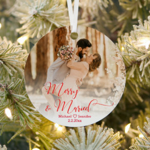 merry&married wedding 2 photos red calligraphy  metal ornament