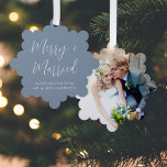 Merry Married Wedding Photo Dusty Blue Christmas Ornament Card<br><div class="desc">Modern dusty blue holiday greeting card and wedding announcement that is also a keepsake tree ornament. The front features "Merry and Married" in a chic white script and your married name in simple white typography. Your favourite wedding day photo fills the back of the card.</div>
