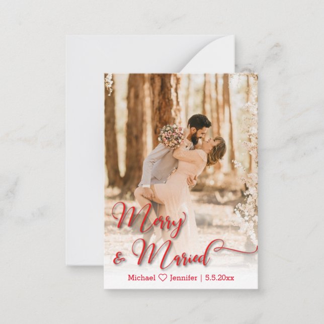 merry&married wedding photo red calligraphy card (Front)