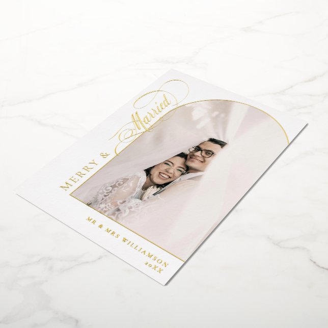 Merry & Married White & Gold Script Arch Photo Foil Holiday Card (Rotated)