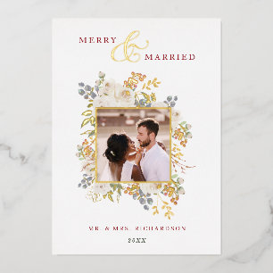 Merry & Married Winter Roses & Berries Photo Foil Holiday Card