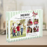 Merry Memories Photo Collage Bow Christmas Block<br><div class="desc">This horizontal photo block features a joyful and heartwarming collage of family photos framed within a soft, light green striped border. At the top, the phrase “MERRY memories” is prominently displayed, blending a bold, festive font with elegant script. A red and green ribbon bow adds a cheerful holiday touch in...</div>