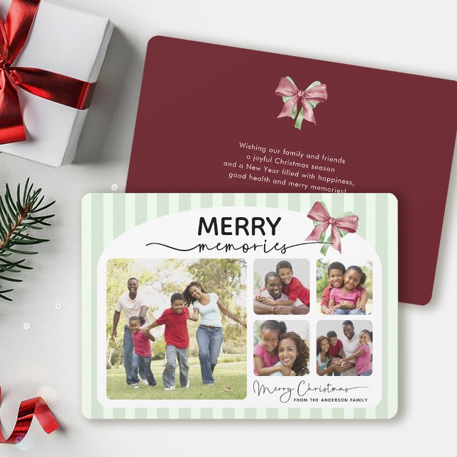 Merry Memories Photo Collage Bow Christmas Holiday Card (Creator Uploaded)