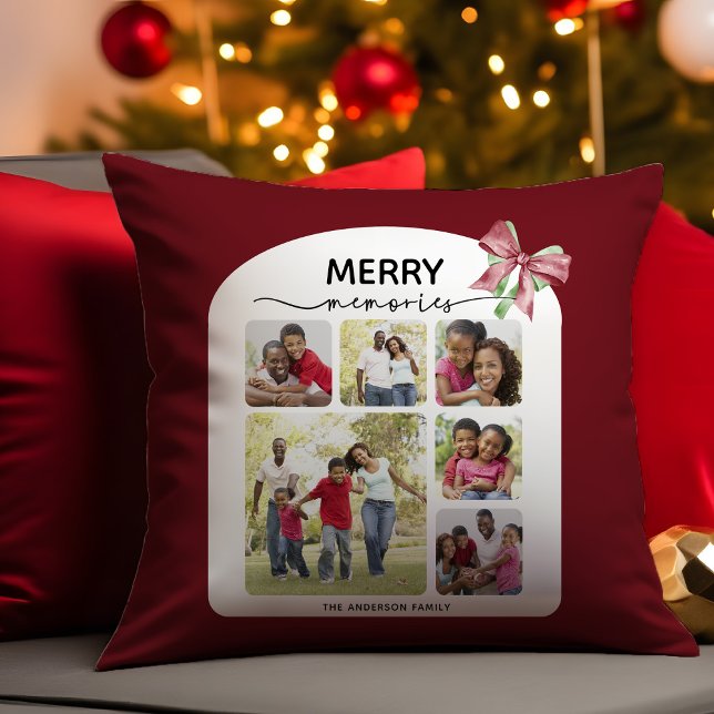 Merry Memories Photo Collage Christmas Bow Throw Pillow (Creator Uploaded)