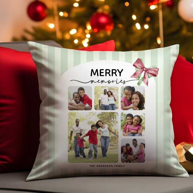 Merry Memories Photo Collage Christmas Bow Throw Pillow (Creator Uploaded)