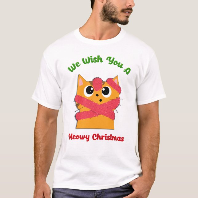 Merry Meowy Christmas Pet Cat Holiday T-Shirt (Front)