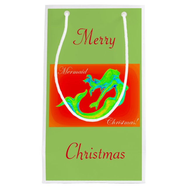 Merry Mermaid Christmas mistletoe Small Gift Bag (Front)