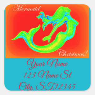 merry mermaid christmas square sticker