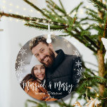 merry&merried christmas snowflakes couple photo  metal ornament<br><div class="desc">elegant stylish merry&merried christmas snowflakes couples photo Metal Ornament 
two sided, on the back side photo with snowflakes deco.</div>