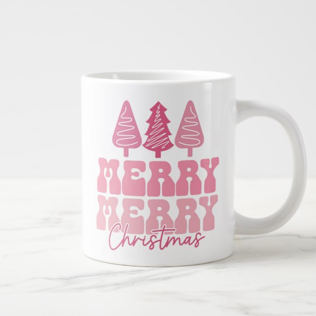 Merry Merry Christmas - Pink Holiday Design Large Coffee Mug (Right)