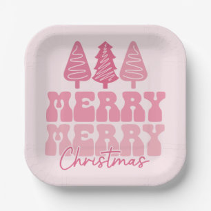 Merry Merry Christmas - Pink Holiday Design Paper Plate