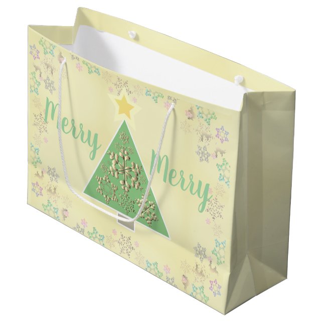 "Merry Merry" Christmas Tree & Snowflakes    Large Gift Bag (Front Angled)
