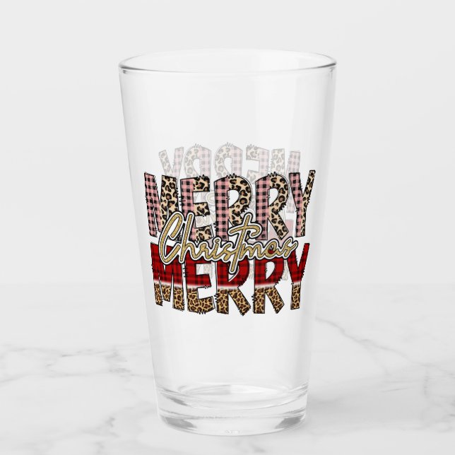 Merry Merry Christmas with leopard and plaid print Glass (Front)
