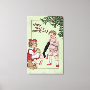 Merry Merry ChristmasKids with Toys by Tree Canvas Print