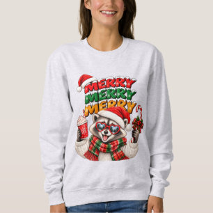 Merry Merry Merry Christmas Raccoon Hot Cocoa Sweatshirt