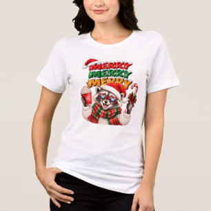 Merry Merry Merry Christmas Raccoon Hot Cocoa Tri-Blend Shirt