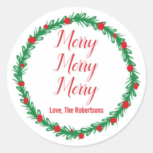 Merry Merry Merry Labels, Gift Tags, Christmas Classic Round Sticker
