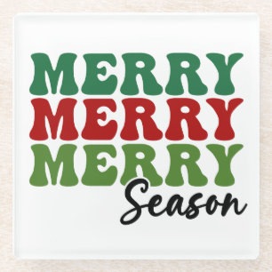 Merry Merry Merry Season - Retro Holiday Art Glass Coaster