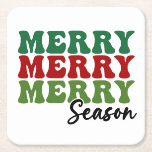 Merry Merry Merry Season - Retro Holiday Art Square Paper Coaster