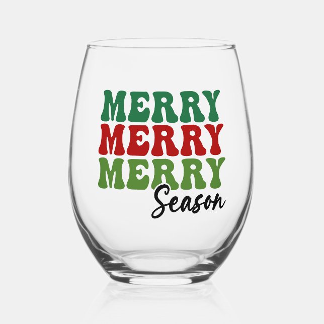 Merry Merry Merry Season - Retro Holiday Art Stemless Wine Glass (Front)