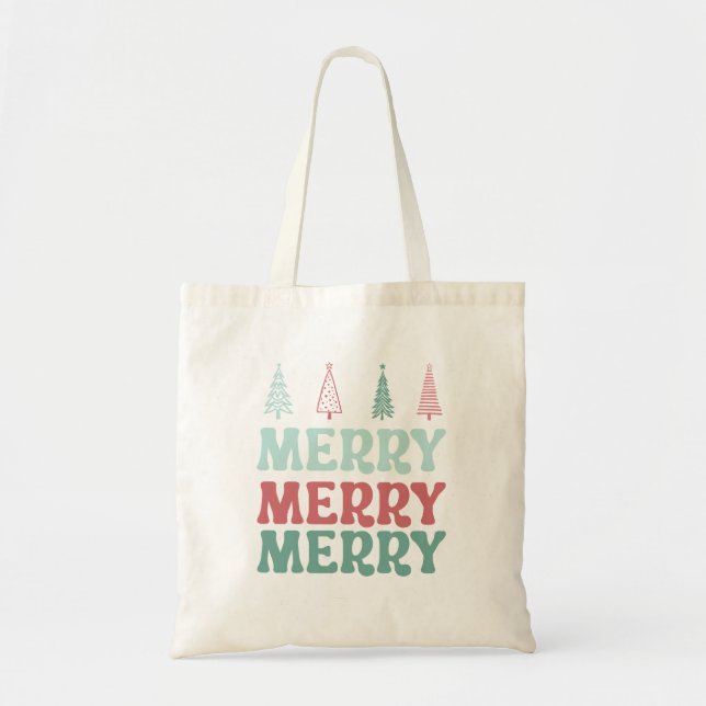 Merry Merry Merry with Pastel Boho Christmas Trees Tote Bag (Front)