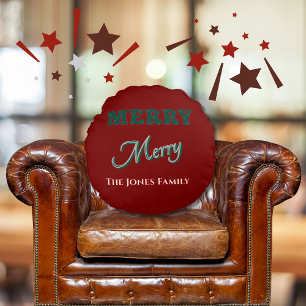 Merry Merry Modern Christmas Green Red Round Pillow