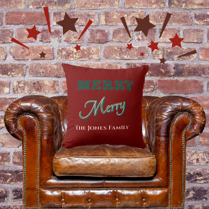 Merry Merry Modern Christmas Green Red Throw Pillow