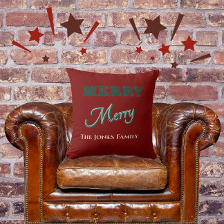 Merry Merry Modern Christmas Green Red Throw Pillow