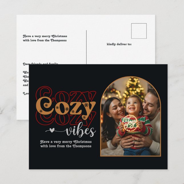 Merry Metallics Cozy Vibes Retro Christmas Photo Holiday Postcard (Front/Back)