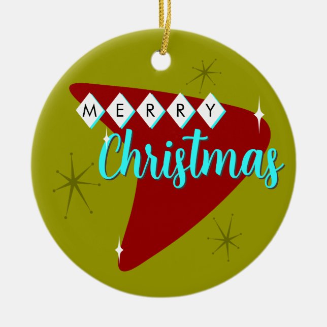 Merry Mid Century Christmas Ceramic Ornament (Front)