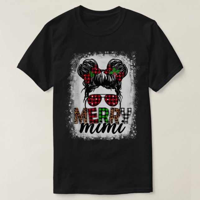 Merry Mini Xmas Buffalo Plaid Leopard Messy Bun Bl T-Shirt (Design Front)