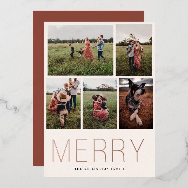 Merry Minimalist 5 Photo Foil Holiday Card (Front/Back)