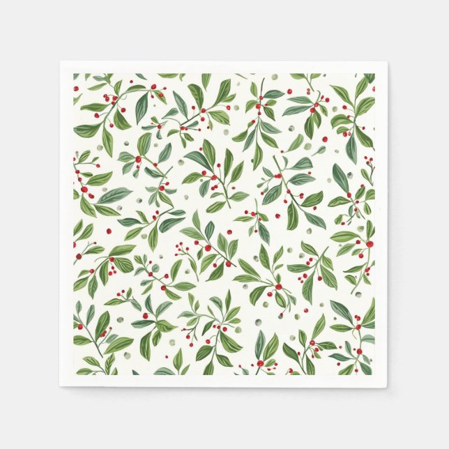 Merry Mistletoe Red Berry White Watercolor Napkin (Front)