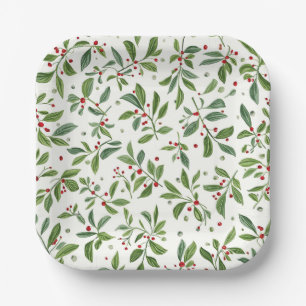 Merry Mistletoe Red Berry White Watercolor Paper Plate