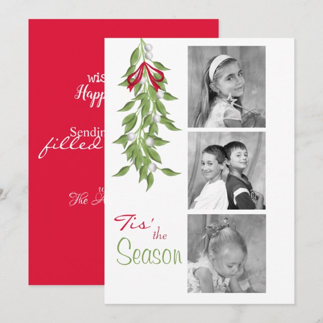 Merry Mistletoe with Red Bow Holiday Photo Card (Front/Back)