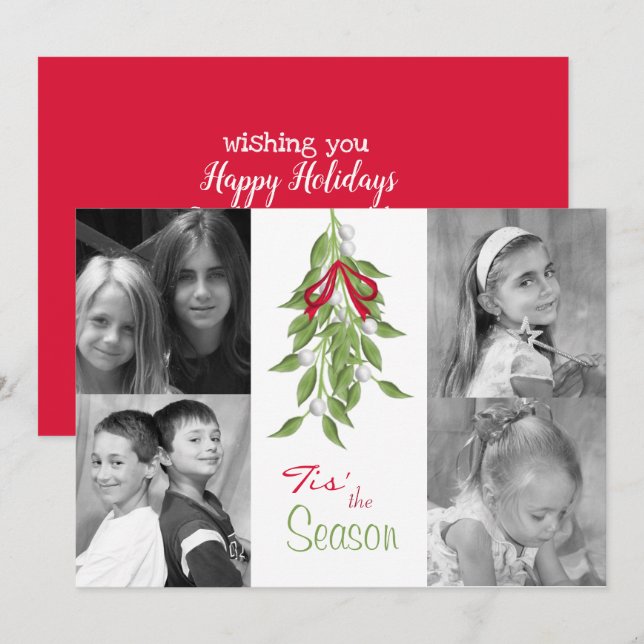 Merry Mistletoe with Red Bow Holiday Photo Card (Front/Back)