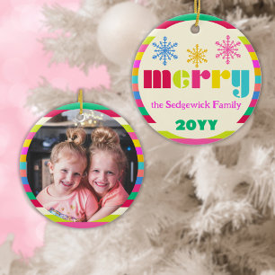 merry Modern Bold Colourful Personalized Photo Ceramic Ornament