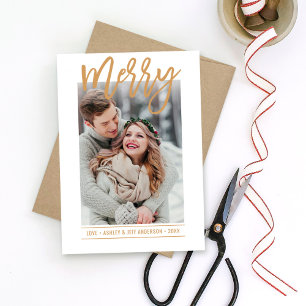 Merry Modern Cognac Tan Script Newlywed Photo Holiday Card