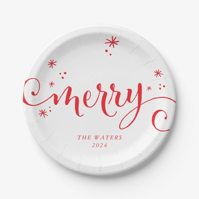 MERRY MODERN festive fun calligraphy sparkles red Paper Plate (Front)