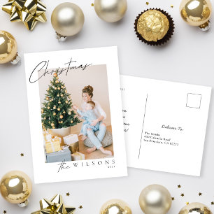 Merry Modern handwritten calligraphy Photo Holiday Postcard