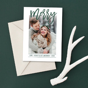 Merry Modern Hunter Green Script Newlywed Photo Holiday Card