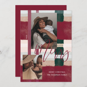 Merry Modern Maroon & Green Plaid Plaid Two Photo Holiday Card