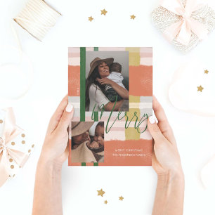 Merry Modern Peach & Green Plaid Plaid Two Photo Holiday Card