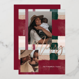 Merry Modern Red & Green Plaid Plaid Two Photo Foil Holiday Card