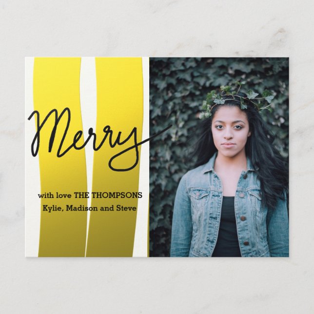 Merry Modern Script Gold Stripes Holiday Photo (Front)
