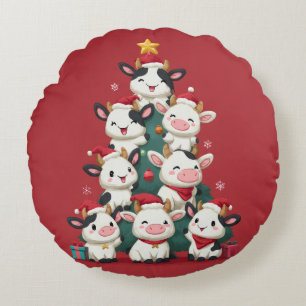 Merry Moo Christmas Round Pillow