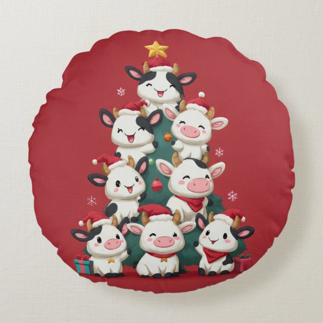 Merry Moo Christmas Round Pillow (Front)